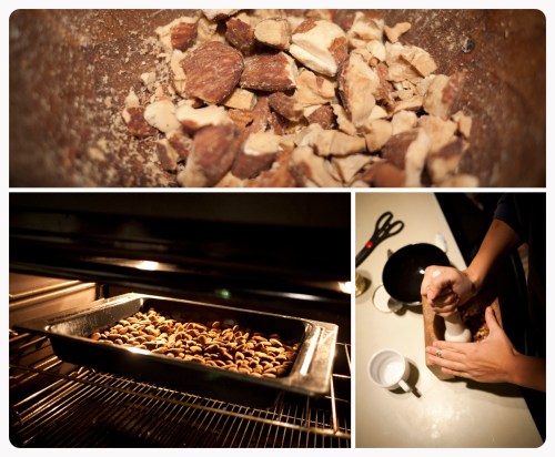Roast the raw almonds in the oven for 30 minutes or until they are crunchy. Then crush them slightly